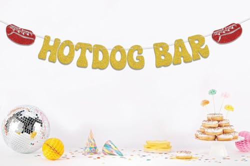 Hotdog Bar Banner,Hotdog Birthday Party Decorations,Fiesta Birthday Food Party Decor,Build Your Own Hot Dog Sign,Flaming Hot Dog Sausage Home Party Supplies Gold Red