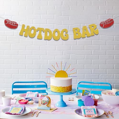 Hotdog Bar Banner,Hotdog Birthday Party Decorations,Fiesta Birthday Food Party Decor,Build Your Own Hot Dog Sign,Flaming Hot Dog Sausage Home Party Supplies Gold Red