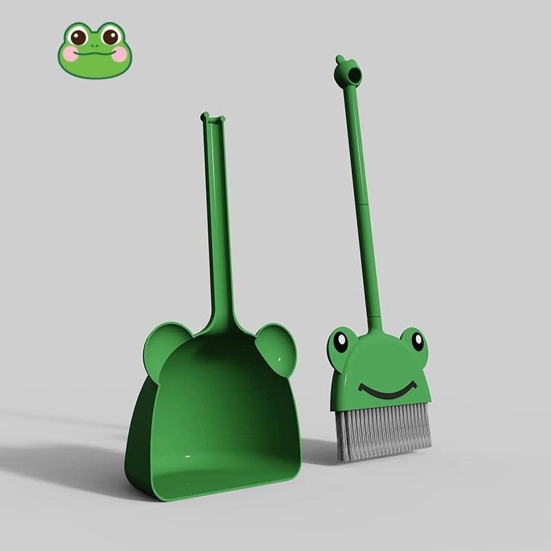 Children's Small Broom Dustpan Set, Mini Cleaning Set-Green Frog