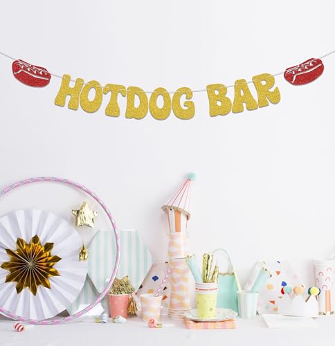 Hotdog Bar Banner,Hotdog Birthday Party Decorations,Fiesta Birthday Food Party Decor,Build Your Own Hot Dog Sign,Flaming Hot Dog Sausage Home Party Supplies Gold Red