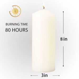 Pillar Candles Set of 2, Unscented Large White Emergency Candle, 3x8 inches Hand Poured Tall Candles Bulk, Non-Toxic Smokeless Dripless and Unscented Candles for Home Wedding Decor Candles