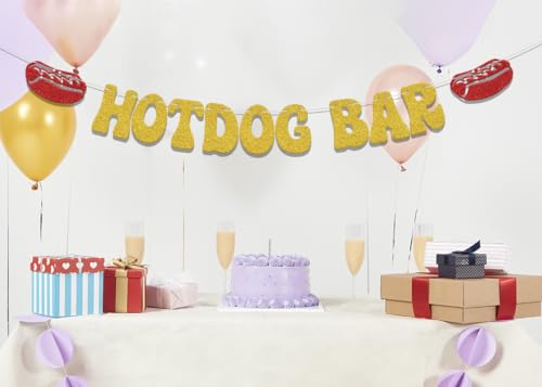 Hotdog Bar Banner,Hotdog Birthday Party Decorations,Fiesta Birthday Food Party Decor,Build Your Own Hot Dog Sign,Flaming Hot Dog Sausage Home Party Supplies Gold Red