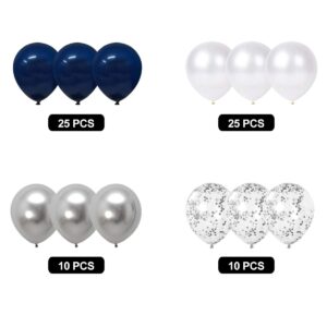 BRT Bearingshui Navy Blue Silver Confetti Balloons, Total 70 PCs Metallic Silver Navy Blue and White Pearl Party Balloons for Birthday Wedding Bridal Baby Shower Graduation Party Decorations