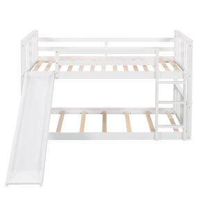 Montessori Floor Bunk Bed Twin Over Twin, Twin Bunk Bed with Slide and Ladder, Kids Bunk Beds with Guardrail Headboard and Footboard, Low Bunk Beds for Kids, Boys, Girls, Twin Bunk Bed White