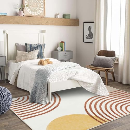 Wonnitar Boho Rugs for Living Room, 5x7 Area Rug for Bedroom,Washable Nursery Rugs Non-Slip Kids Room Throw Carpet, Soft Abstract Rainbow Low Pile Mat for Dorm Playroom Home Office (Orange,5'x7')