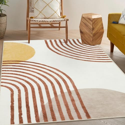 Wonnitar Boho Rugs for Living Room, 5x7 Area Rug for Bedroom,Washable Nursery Rugs Non-Slip Kids Room Throw Carpet, Soft Abstract Rainbow Low Pile Mat for Dorm Playroom Home Office (Orange,5'x7')