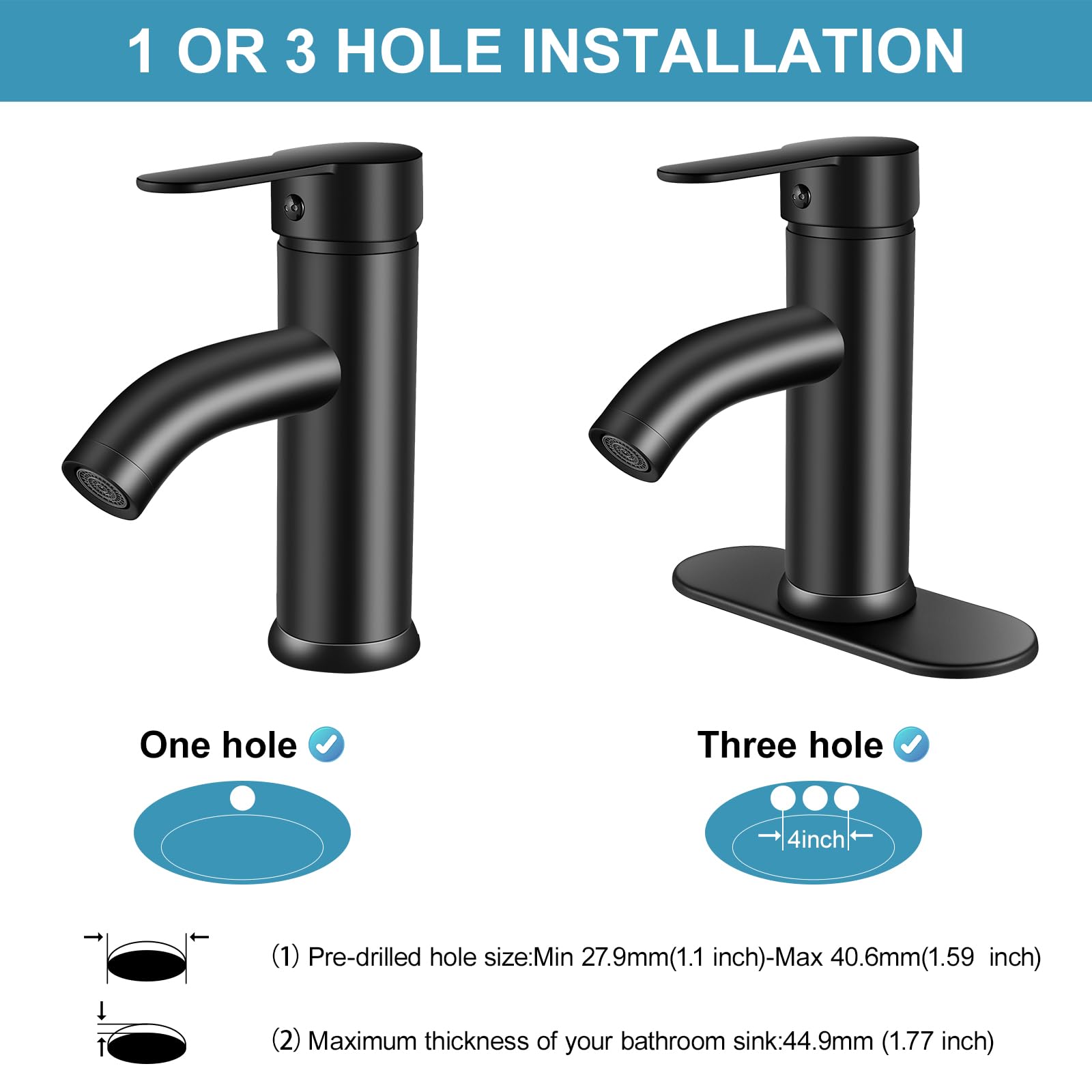 PONAFOU Single Handle Bathroom Faucet Black Bathroom Faucet Matte Black Vanity Faucet for Bathroom Sink Faucet 1 Hole or 3 Hole for Modern Bathroom RV Sink with Pop-up Drain and Deck