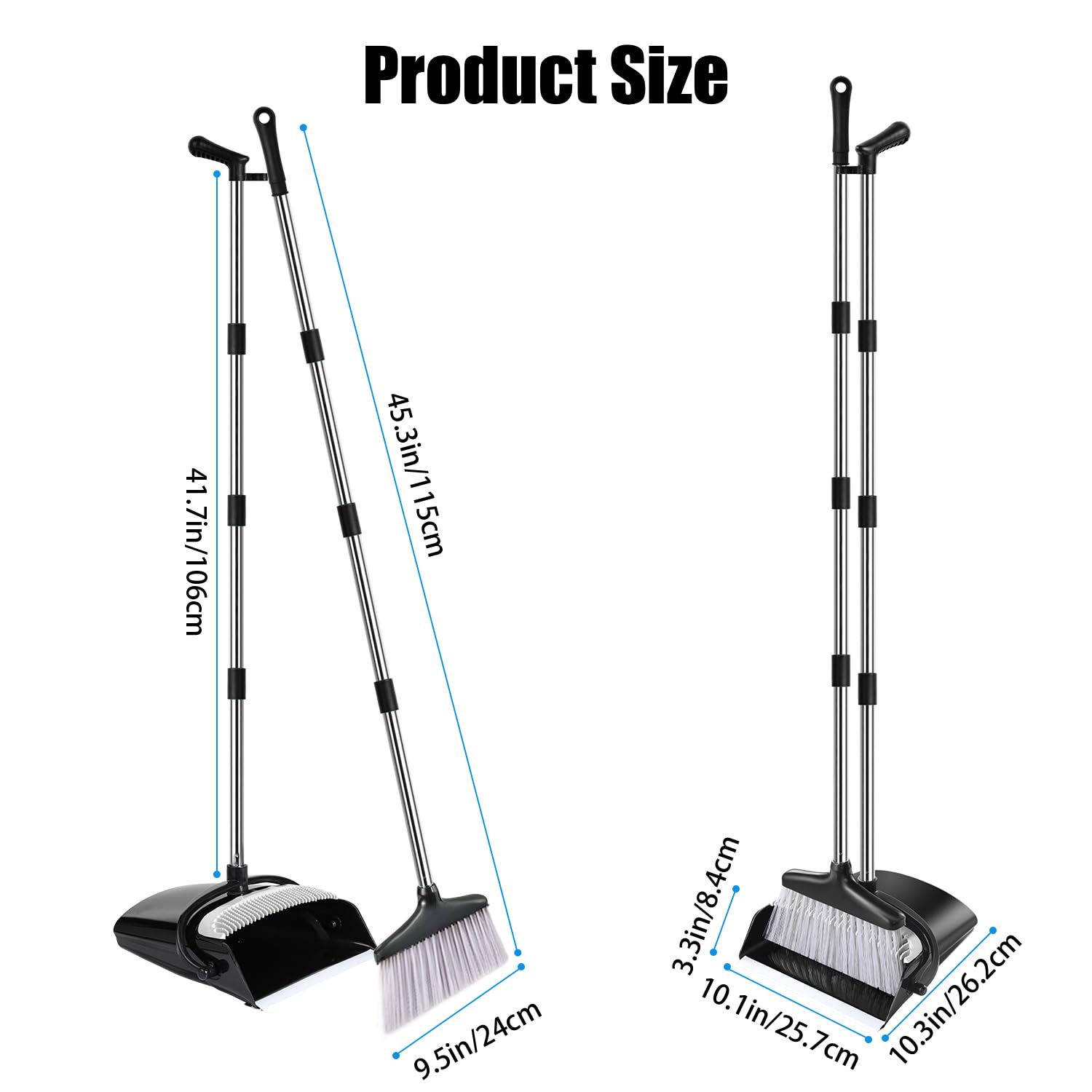 Broom and Dustpan Set with Long Handle, Windproof Stand Up Dustpan with Broom Combo for Home Kitchen Room Office Lobby Floor Use (Black&Grey, 45.3IN)