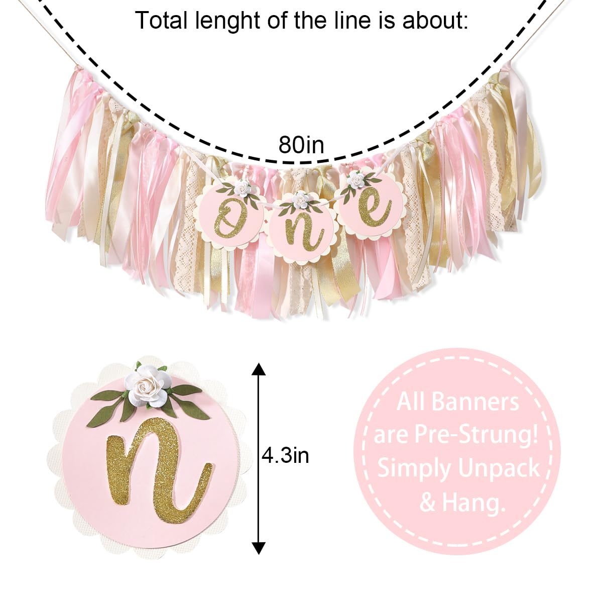 Pink Golden Floral High Chair Banner - Rose 1st Birthday Highchair Banner, Girls’ 1st Birthday Decoration, Pink First Birthday Decor, One High Chair Banner, 1st Birthday Party Decorations for Girls,