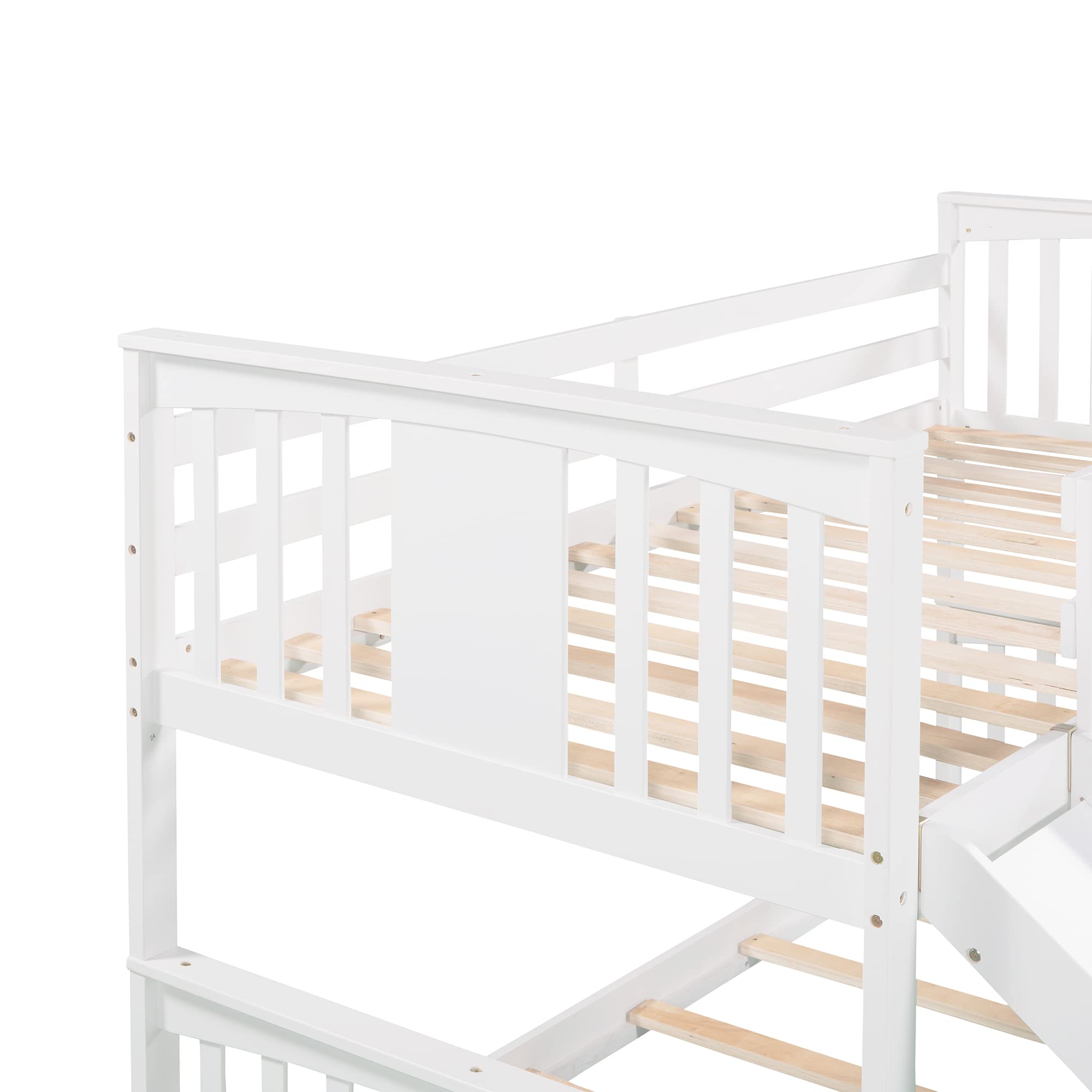 Montessori Floor Bunk Bed Twin Over Twin, Twin Bunk Bed with Slide and Ladder, Kids Bunk Beds with Guardrail Headboard and Footboard, Low Bunk Beds for Kids, Boys, Girls, Twin Bunk Bed White