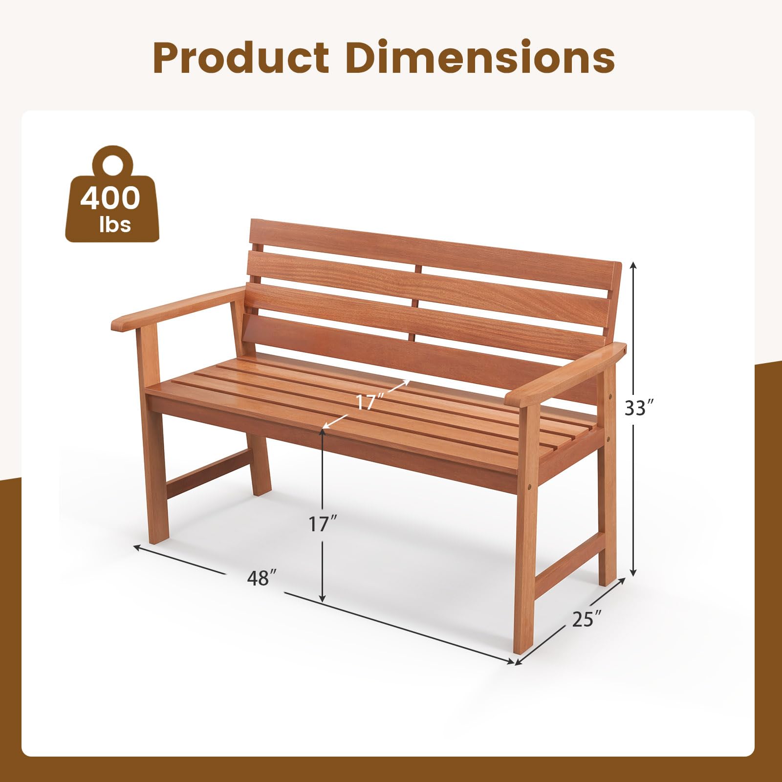 Tangkula 48 Inch Hardwood Patio Bench, Wood 2-Seat Chair with Breathable Slatted Seat & Inclined Backrest, Ergonomic Outdoor Loveseat for Backyard, Balcony, Garden