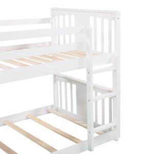 Montessori Floor Bunk Bed Twin Over Twin, Twin Bunk Bed with Slide and Ladder, Kids Bunk Beds with Guardrail Headboard and Footboard, Low Bunk Beds for Kids, Boys, Girls, Twin Bunk Bed White