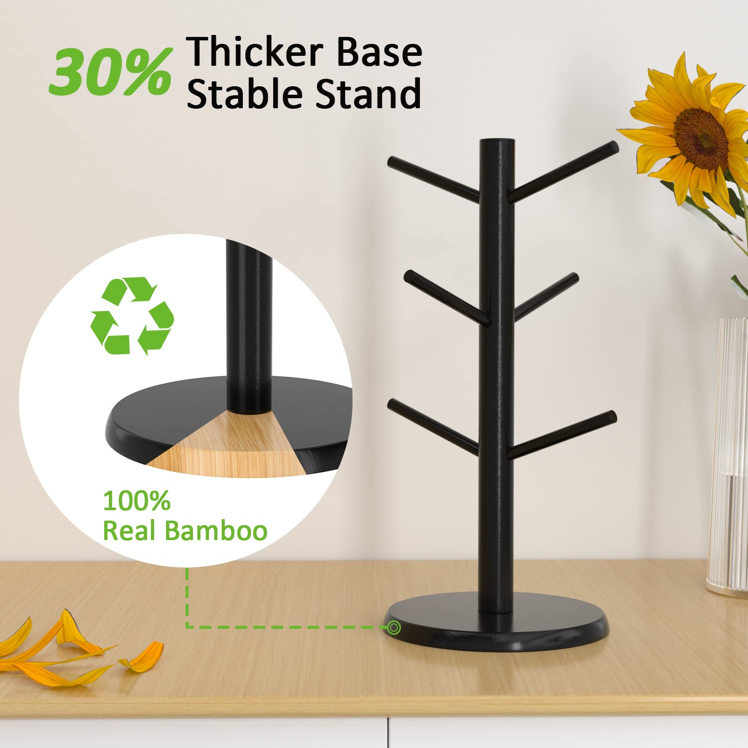 Wisuce Bamboo Coffee Mug Holder Tree, Thicker Base Coffee Cup Holder Stand for Counter, Mug Rack with 6 Hooks (Black)