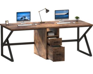 ibf 79" two person office desk,large double long pc desk with file drawer, 2 person computer desk with storage cabinet shelf, industrial wood modern work dual computer table for home, rustic brown