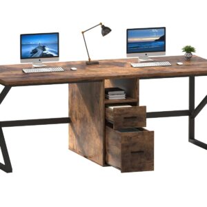 IBF 79" Two Person Office Desk,Large Double Long Pc Desk with File Drawer, 2 Person Computer Desk with Storage Cabinet Shelf, Industrial Wood Modern Work Dual Computer Table for Home, Rustic Brown