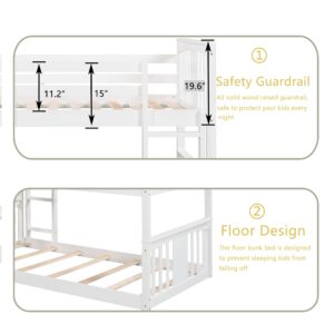 Montessori Floor Bunk Bed Twin Over Twin, Twin Bunk Bed with Slide and Ladder, Kids Bunk Beds with Guardrail Headboard and Footboard, Low Bunk Beds for Kids, Boys, Girls, Twin Bunk Bed White