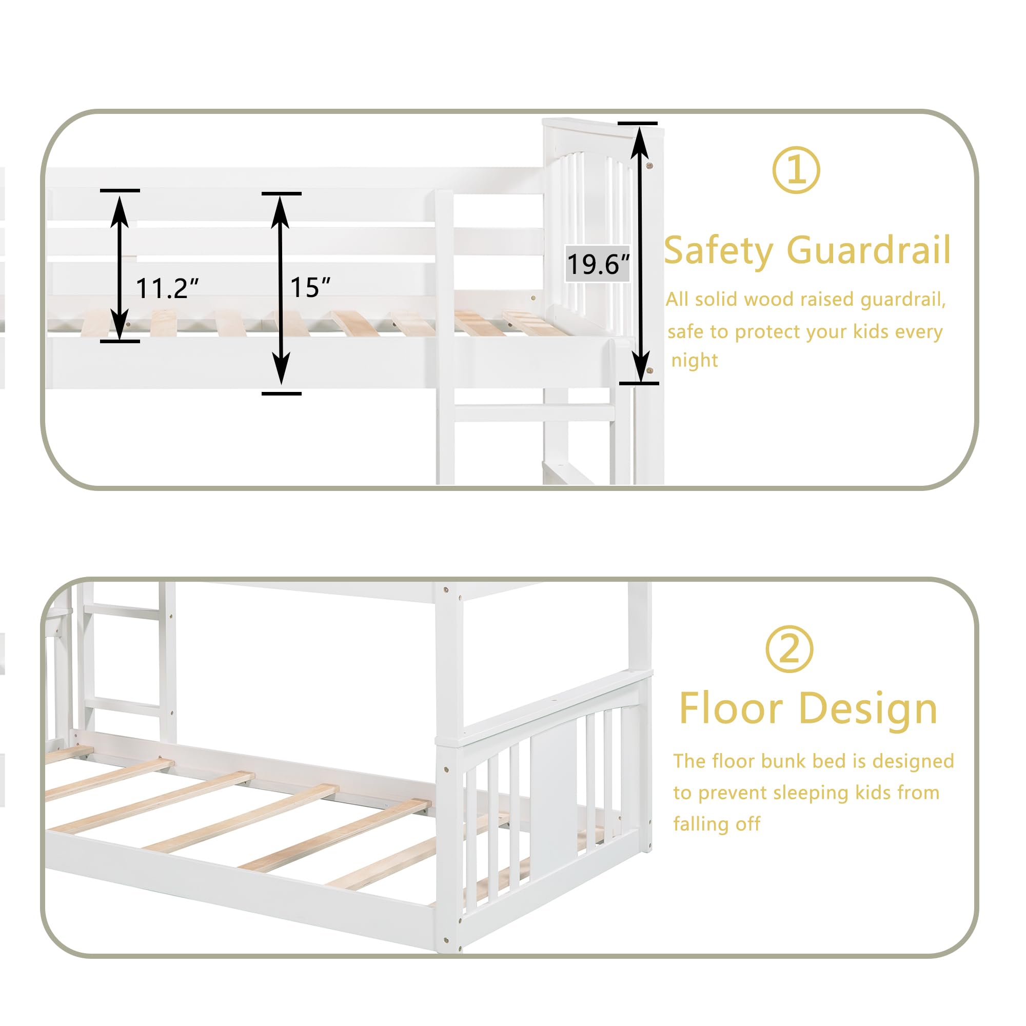 Montessori Floor Bunk Bed Twin Over Twin, Twin Bunk Bed with Slide and Ladder, Kids Bunk Beds with Guardrail Headboard and Footboard, Low Bunk Beds for Kids, Boys, Girls, Twin Bunk Bed White