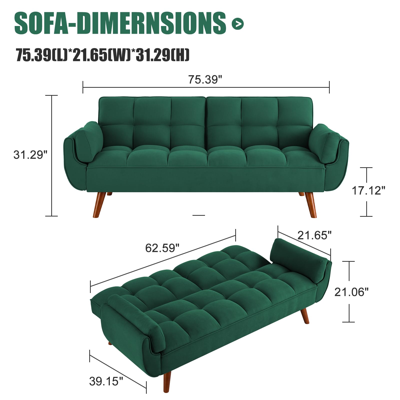 liuyouhom Convertible Futon Couch Bed, Sleeper Sofa Bed with Adjustable Backrests, Linen Loveseat Sofa 3 Seater Comfy Couch for Small Spaces, Living Room, Bedroom(Green, 75")