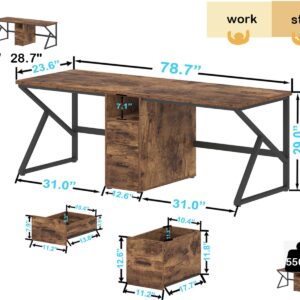 IBF 79" Two Person Office Desk,Large Double Long Pc Desk with File Drawer, 2 Person Computer Desk with Storage Cabinet Shelf, Industrial Wood Modern Work Dual Computer Table for Home, Rustic Brown