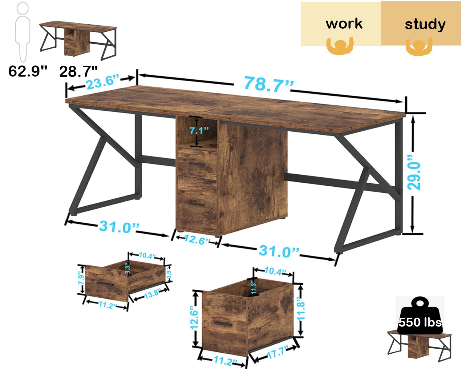 IBF 79" Two Person Office Desk,Large Double Long Pc Desk with File Drawer, 2 Person Computer Desk with Storage Cabinet Shelf, Industrial Wood Modern Work Dual Computer Table for Home, Rustic Brown