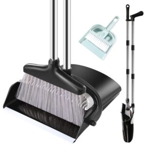 broom and dustpan set with long handle, windproof stand up dustpan with broom combo for home kitchen room office lobby floor use (black&grey, 45.3in)