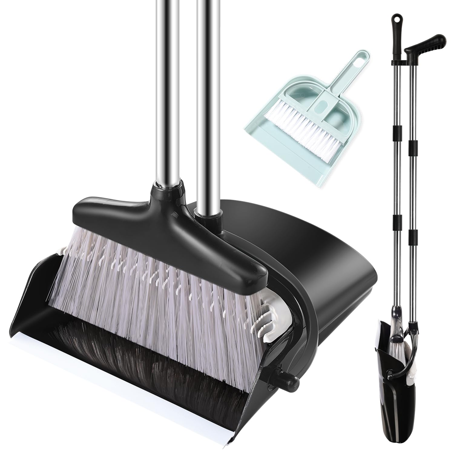 Broom and Dustpan Set with Long Handle, Windproof Stand Up Dustpan with Broom Combo for Home Kitchen Room Office Lobby Floor Use (Black&Grey, 45.3IN)