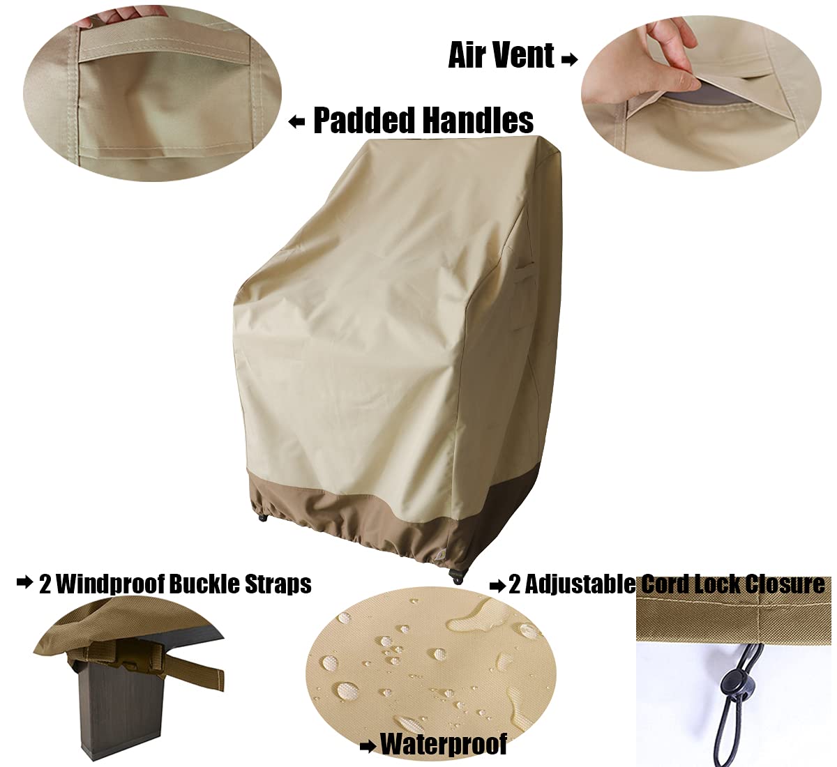 Vanteriam Patio Chair Covers for Outdoor Lawn Furniture Waterproof - 600D Heavy Duty and Waterproof Patio High Back Chair Covers - W29''x D30''x H37.5'' Beige & Brown 2 Pack