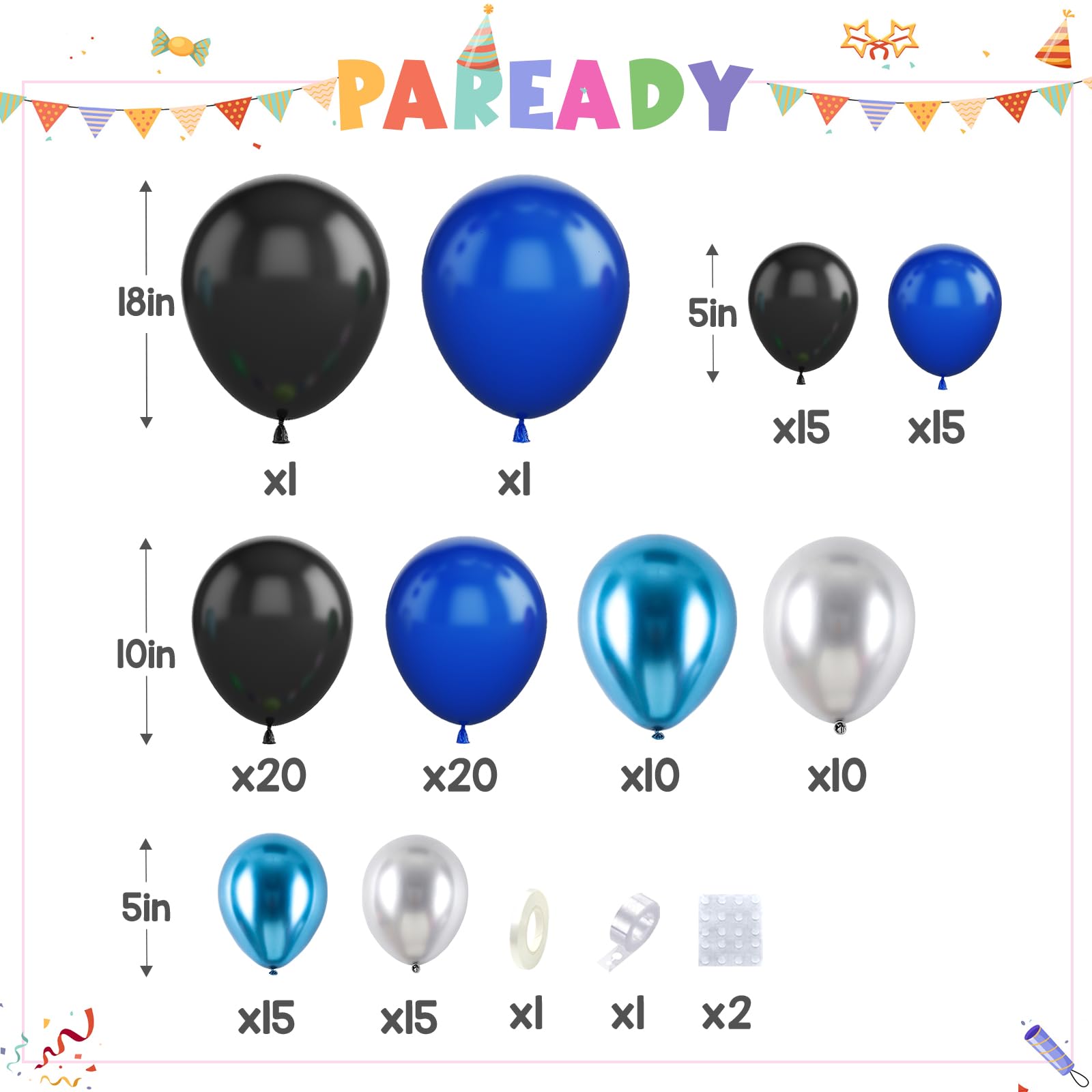 Paready Blue Black Balloons Garland Arch Kit, 122Pcs Blue Silver Metallic Balloons Arch for Birthday Baby Shower Graduation Wedding Bridal Shower Party Decorations