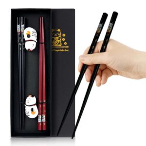 yaya oriental kawaii cat chopstick rest anad holder lucky cat gift set 2 pairs chopsticks cute japanese cat holders resuable chopsticks