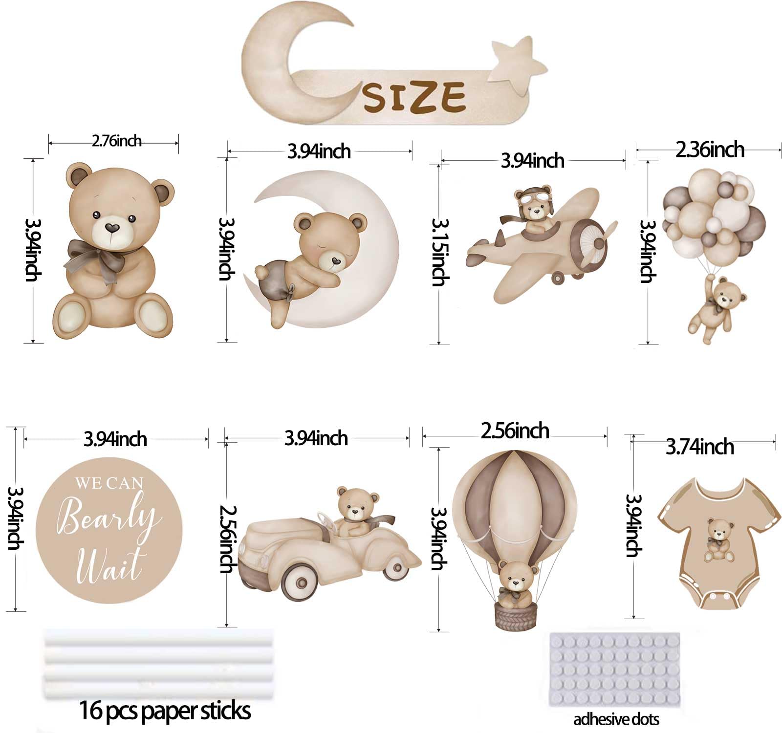 Zliisang 16Pcs Bear Baby Shower Centerpieces for Cake Table Decorations We Can Bearly Wait Baby Shower Decorations for Boy Bear Cake Toppers Bearly Wait Baby Shower Party Decorations