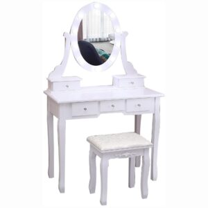 joankaren vanity desk, vanity mirror with lights and table set with 5 drawers, wood makeup dressing table with oval mirror & stool,3 lighting modes brightness adjustable for bedroom women girls,white