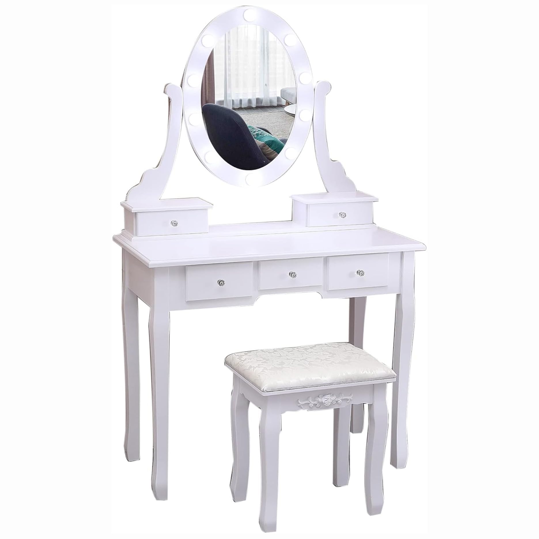 JoanKaren Vanity Desk, Vanity Mirror with Lights and Table Set with 5 Drawers, Wood Makeup Dressing Table with Oval Mirror & Stool,3 Lighting Modes Brightness Adjustable for Bedroom Women Girls,White