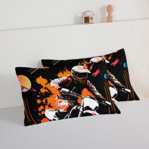 HOSIMA Dirt Bike Bedding Set Twin Size for Boys Teens,Galaxy and Orange Ink Background Motocross Comforter 3 Pieces,Extreme Sports Theme Black Comforter Set Twin with 2 Pillowcases.