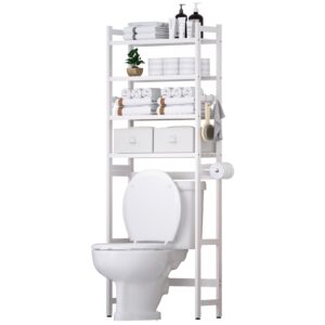 cozivolife over the toilet storage with 2 baskets,4-tier bamboo over toilet organizer rack with paper holder & 4 hooks & waterproof feet pad,freestanding above toilet shelf for bathroom(white)