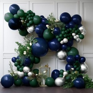 Navy Blue Green Silver Balloon Garland Double Stuffed Dark Green Silver Balloon Forest Green Navy Balloon Silver Metallic Balloon Arch Kit for Birthday Football Game Dinosaur Grad Party Decoration