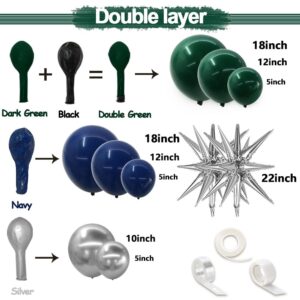 Navy Blue Green Silver Balloon Garland Double Stuffed Dark Green Silver Balloon Forest Green Navy Balloon Silver Metallic Balloon Arch Kit for Birthday Football Game Dinosaur Grad Party Decoration