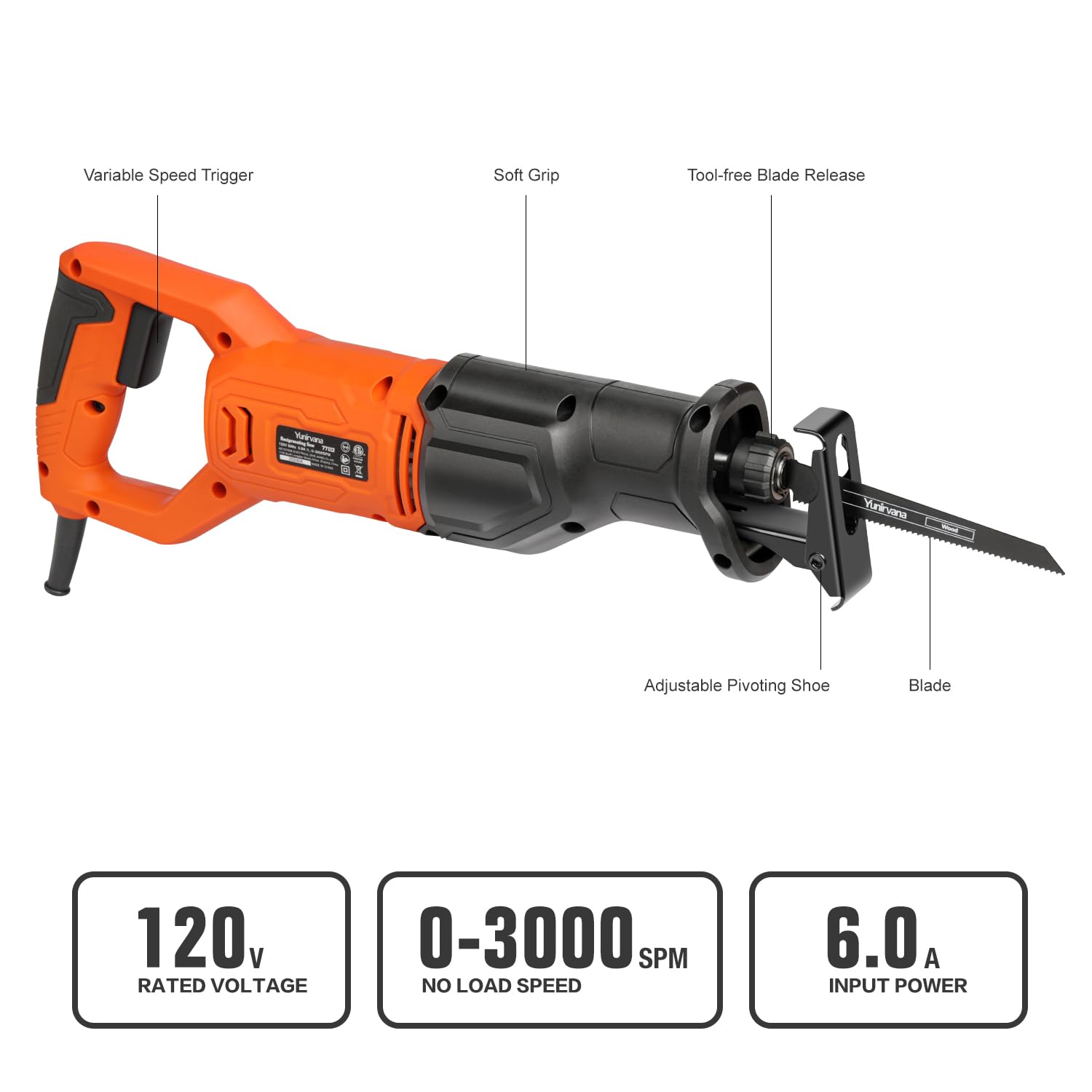 Yunirvana 120V Reciprocating Saw, 6.0 Amp Variable Speed Corded Reciprocating Saw with 4/5" Stroke Length, 3000 SPM and 4-1/2" Max for Wood, Metal, PVC Pipe Cutting