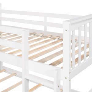 Montessori Floor Bunk Bed Twin Over Twin, Twin Bunk Bed with Slide and Ladder, Kids Bunk Beds with Guardrail Headboard and Footboard, Low Bunk Beds for Kids, Boys, Girls, Twin Bunk Bed White