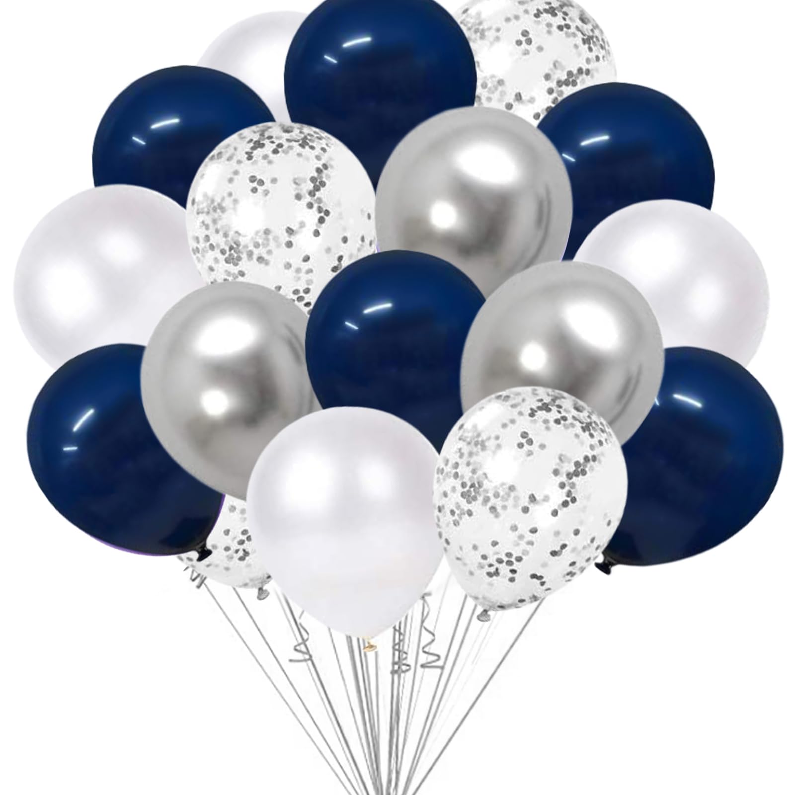 BRT Bearingshui Navy Blue Silver Confetti Balloons, Total 70 PCs Metallic Silver Navy Blue and White Pearl Party Balloons for Birthday Wedding Bridal Baby Shower Graduation Party Decorations