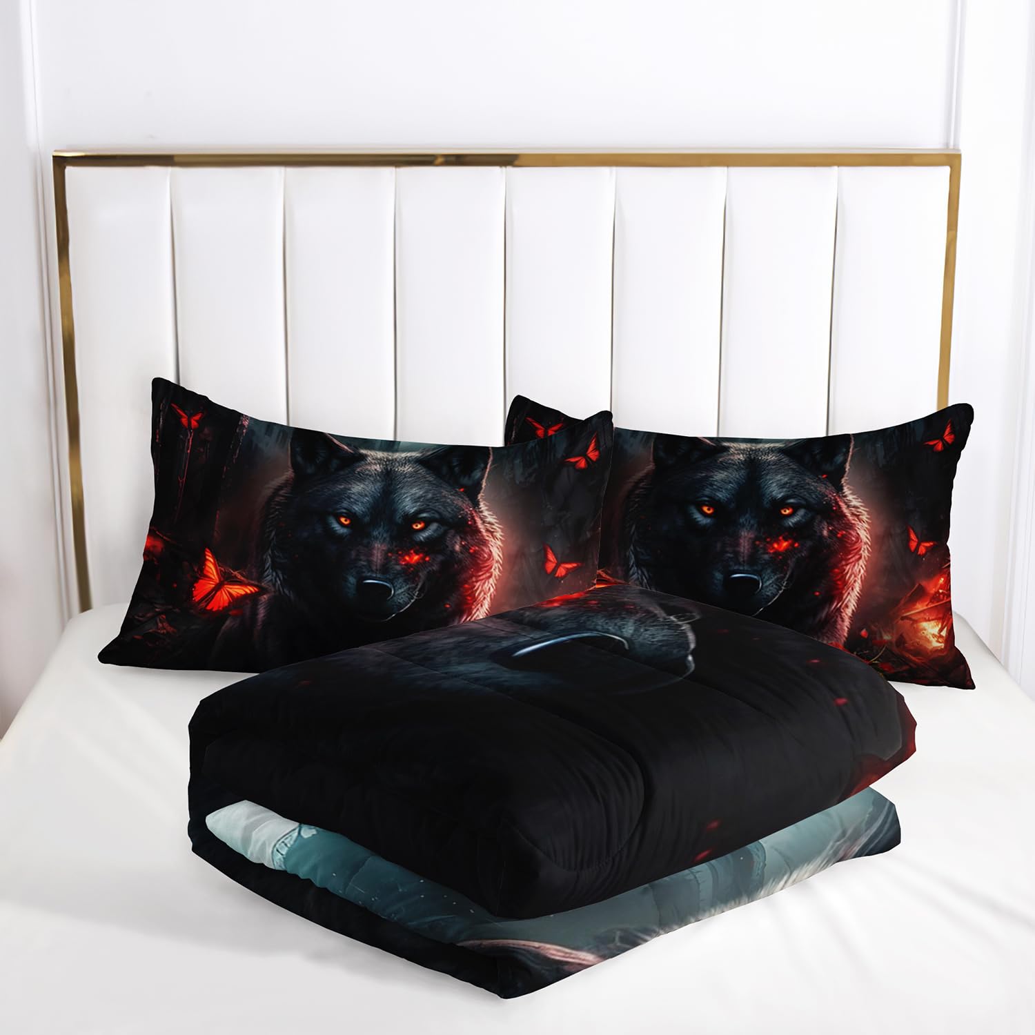 AILONEN Wolf Comforter Set Twin Size, 3D Smoke City Cool Wolf Bedding Set,Romantic Red Rose Comforter Set Twin Boys Girls Bed in a Bag Room Decor,1 Quilt and 2 Pillowcases