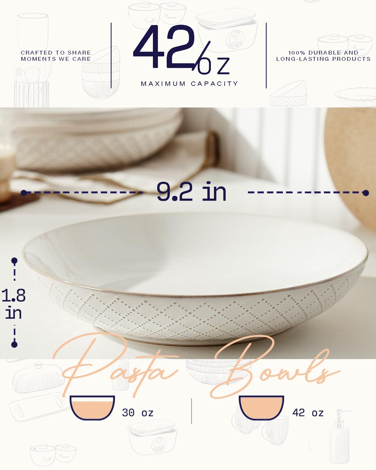 getstar Pasta Bowls, Large Salad Serving Bowls (9.2 inch/42 oz), Ceramic Bowl Plates Set of 4, Farmhouse Embossments, Microwave and Dishwasher Safe