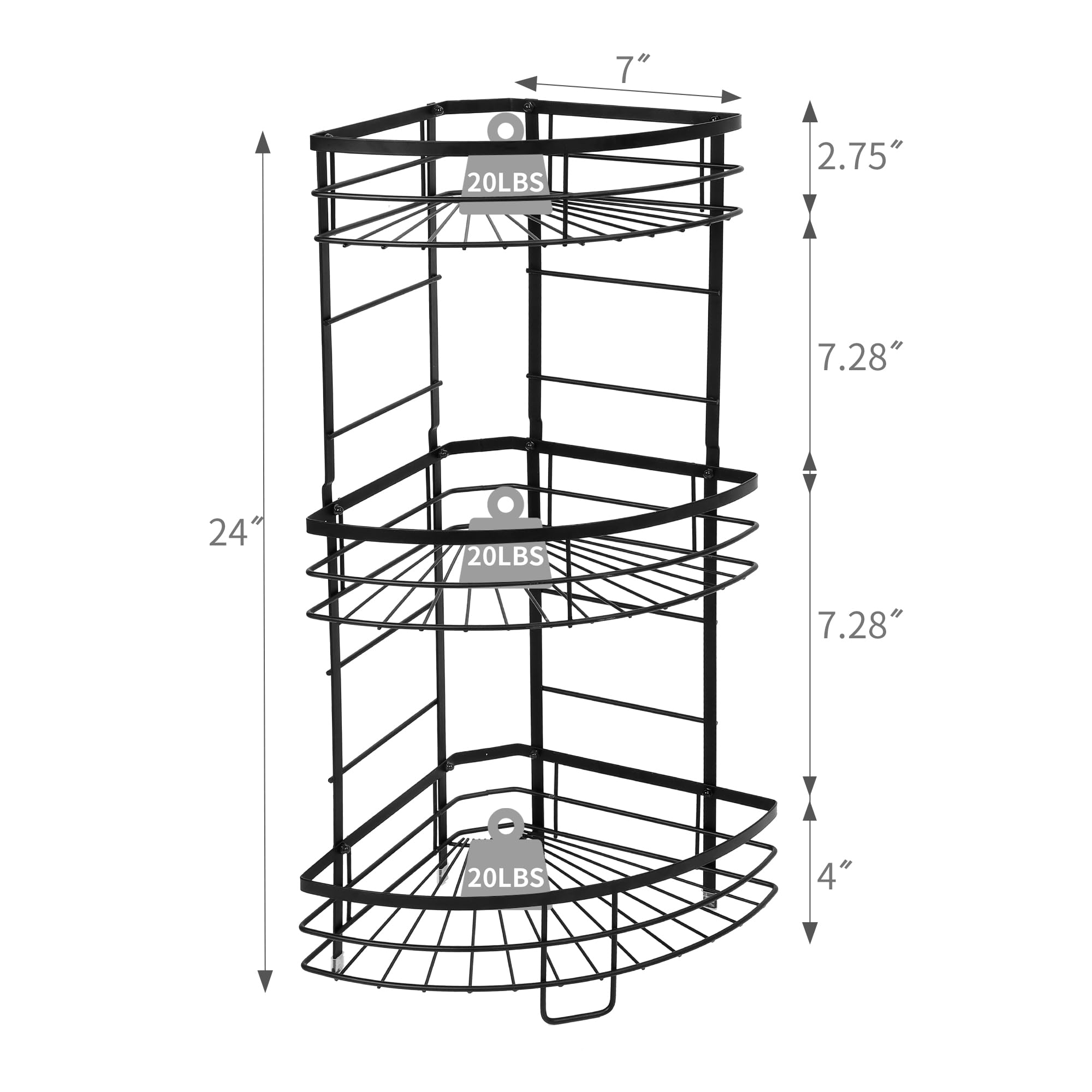 Shinoske 3-Tier Corner Shelf, Metal Bathroom Shelf Unit, Black, Semicircular, Modern, Freestanding, Space Saving, Waterproof, 13.4x8.7x24 inches