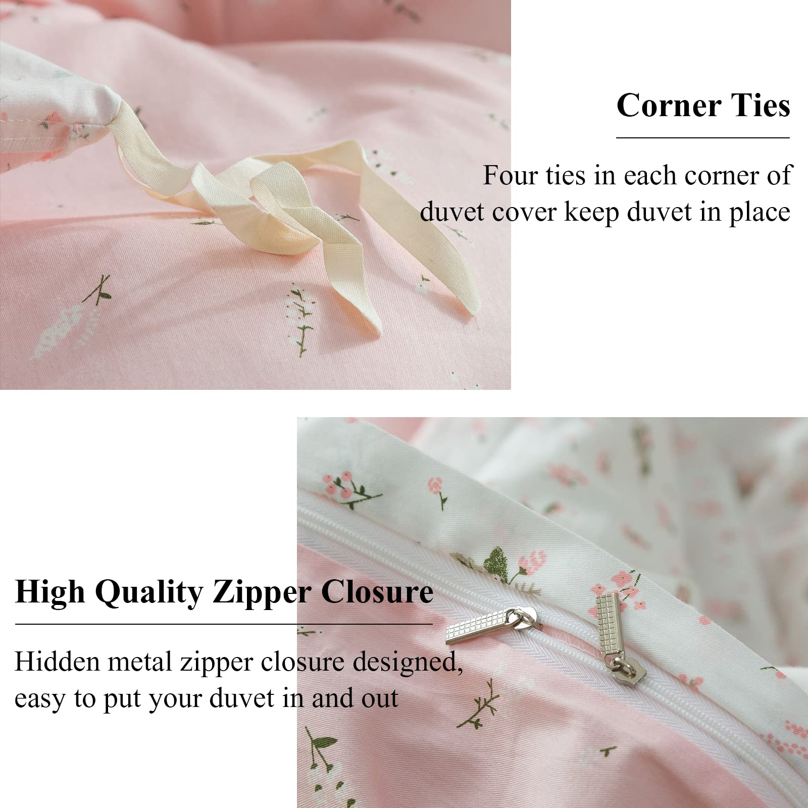 EAVD Vintage Style Garden Pink Floral Duvet Cover Set 1 Queen Duvet Cover + 2 Matching Pillowcases+ 1 Queen Bed Fitted Sheet Soft Cotton Bedding Set