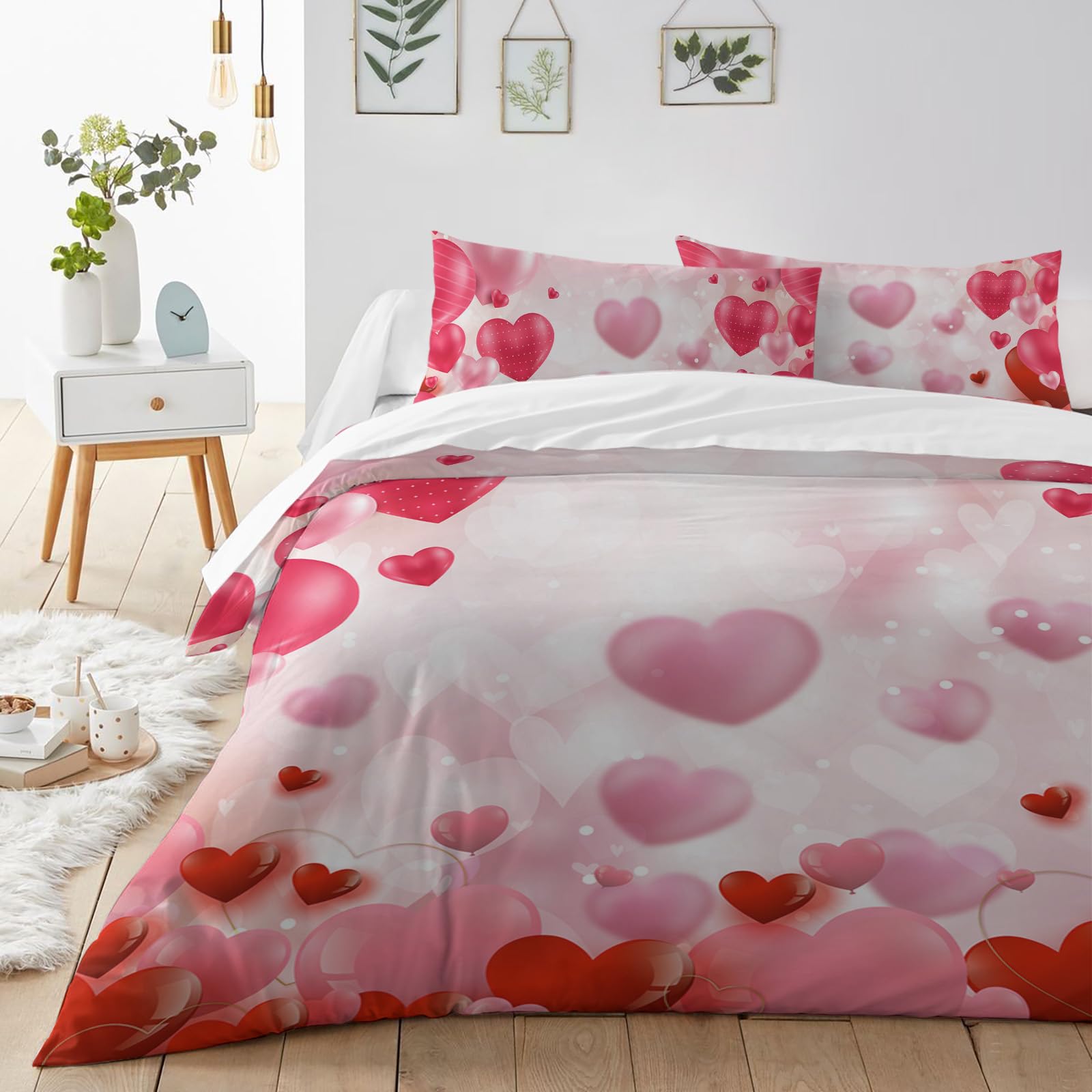 Valentine Comforter Sets California King Size Red Pink Love Heart Soft Bedding Duvet Cover Sets 3 Pieces Balloon Romantic Bedding Set with Comforter Cover and 2 Pillow Cases Bedroom Valentines Decor