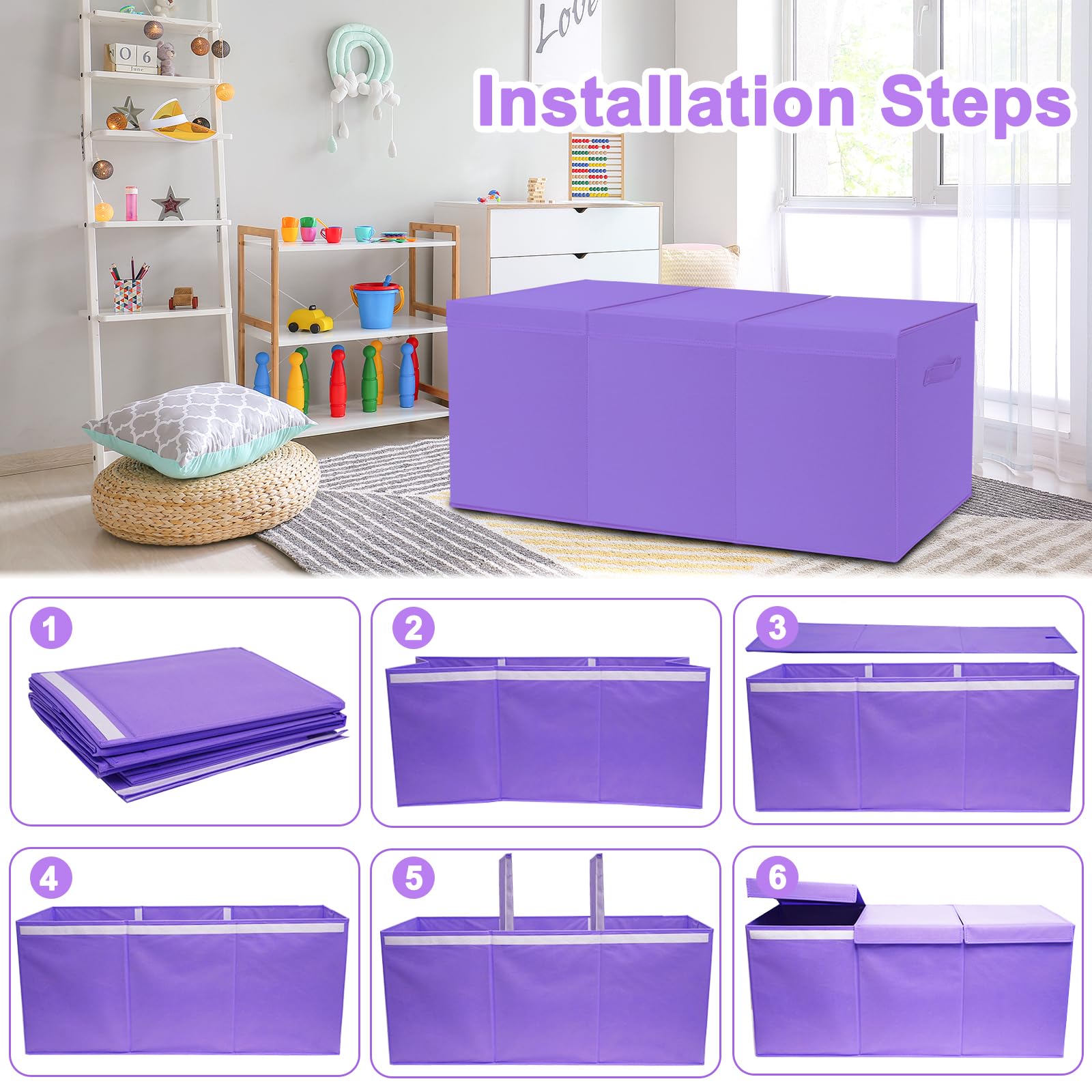 Pantryily Extra Large Toy Box for Girls Boys - Collapsible Toy Chest Boxes Organizers and Storage for Nursery,Playroom,Office (Violet) 35.8"x12.6"x16"