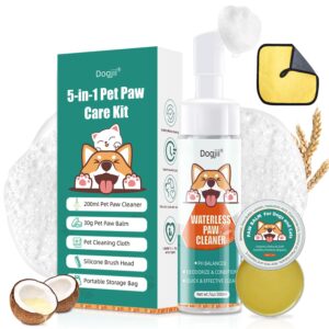 dog paw care kit | no-rinse paw cleaner for dogs & cats (7 fl oz)| paw balm for heal dry cracked paws & nose | safe & natural foaming feet cleaner with silicone brush dogs