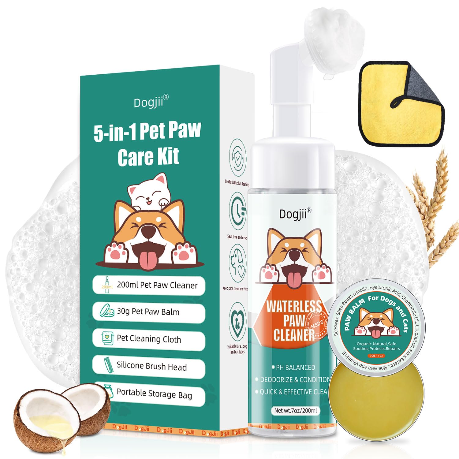 Dog Paw Care Kit | No-Rinse Paw Cleaner for Dogs & Cats (7 Fl Oz)| Paw Balm for Heal Dry Cracked Paws & Nose | Safe & Natural Foaming Feet Cleaner with Silicone Brush Dogs