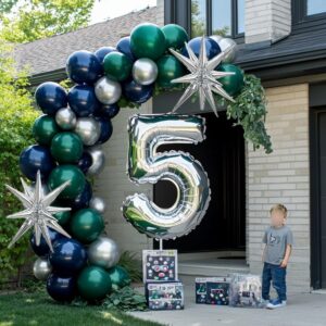 Navy Blue Green Silver Balloon Garland Double Stuffed Dark Green Silver Balloon Forest Green Navy Balloon Silver Metallic Balloon Arch Kit for Birthday Football Game Dinosaur Grad Party Decoration