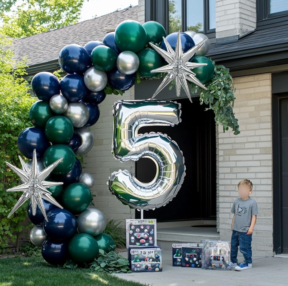 Navy Blue Green Silver Balloon Garland Double Stuffed Dark Green Silver Balloon Forest Green Navy Balloon Silver Metallic Balloon Arch Kit for Birthday Football Game Dinosaur Grad Party Decoration