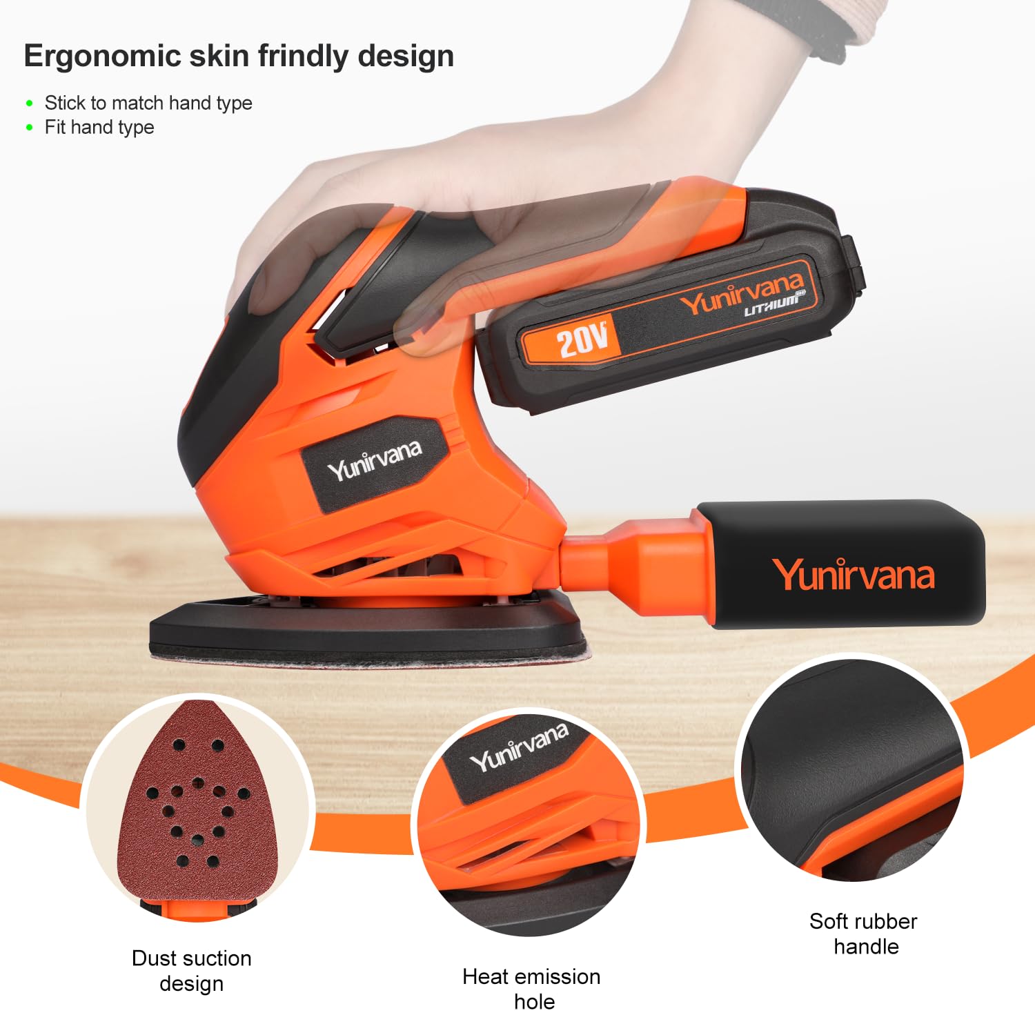 Yunirvana 20V Cordless Sander, Detail Sanders, 20Pcs Sandpapers,12000 RPM Sanders with Dust Collection System for Tight Spaces Sanding in Home Decoration, Battery and Charger Included